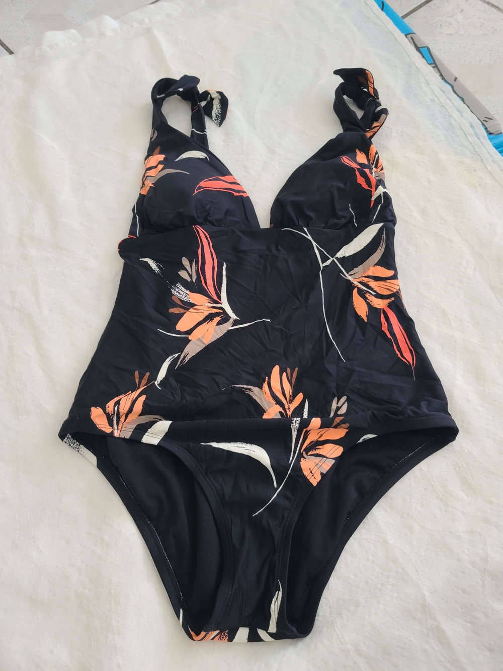Navy Floral One-Piece Swim Bodysuit with Orange Accents